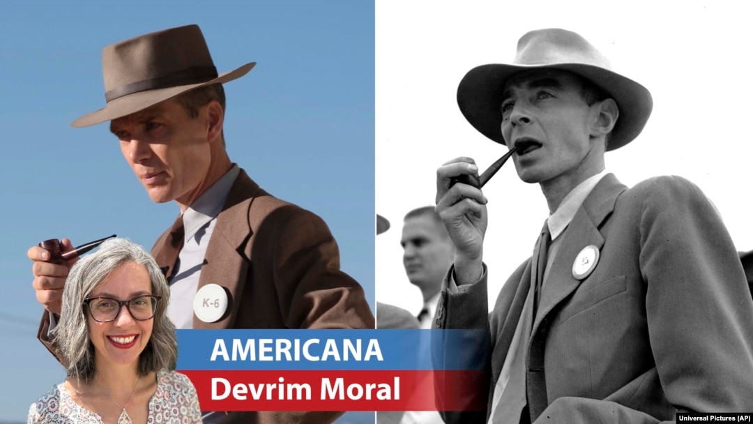 Universal Pictures'ın yayınladığı bu fotoğraf, atom bombasının fikir babası Dr. J. Robert Oppenheimer’ı canlandıran İrlandalı aktör Cillian Murphy (solda) ve 9 Eylül 1945’te atom bombası denemesinin yapıldığı bölgede incelemelerde bulunan Dr. Oppenheimer’ı birarada gösteriyor.