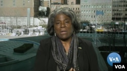 FILE - In this image taken from video, U.S. Ambassador to the United Nations Linda Thomas-Greenfield speaks with VOA on April 3, 2023, at U.N. headquarters in New York. She will go to the Chad-Sudan border next week to meet with refugees from the war in Sudan.