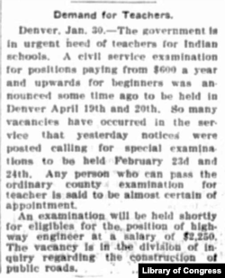 Notice in Colorado's Rocky Ford Enterprise, Friday, February 3, 1905, announcing civil service examinations for Indian Service teachers.