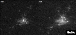 2021년(왼쪽)과 2023년 촬영된 평양의 야간 위성사진. 밝기와 면적에서 차이를 보인다. 사진 = NASA