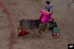 Bullfighter Miguel Angel Perera is pushed by a bull during the San Fermin fiestas in Pamplona, July 10, 2023. (AP Photo/Alvaro Barrientos)