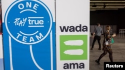 FILE - A WADA logo is seen at the World Anti-Doping Agency (WADA) Symposium in Lausanne, Switzerland, March 12, 2024.