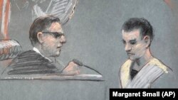 A sketch of Massachusetts Air National Guardsman Jack Teixeira, right, appearing in U.S. District Court in Boston, April 14, 2023. He is accused in the leak of highly classified military documents.
