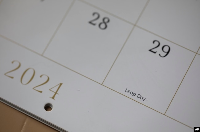A calendar shows the month of February, including leap day, Feb. 29, on Sunday, Feb. 25, 2024, in Tigard, Ore. (AP Photo/Jenny Kane)