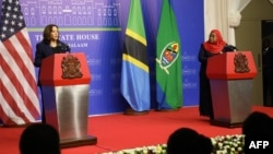 U.S Vice President Kamala Harris and Tanzanian President Samia Suluhu Hassan address a news conference following their meeting in Dar es Salaam, Tanzania, March 30, 2023.