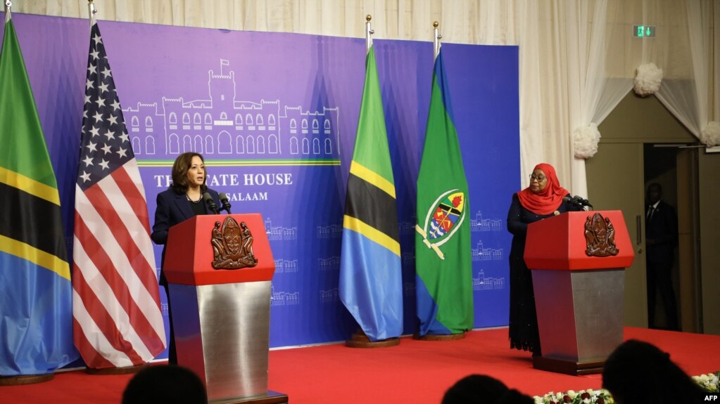 2023年3月30日，美国副总统卡马拉·哈里斯与坦桑尼亚总统萨米亚·苏鲁胡·哈桑会面后共同出席新闻发布会。(photo:VOA)