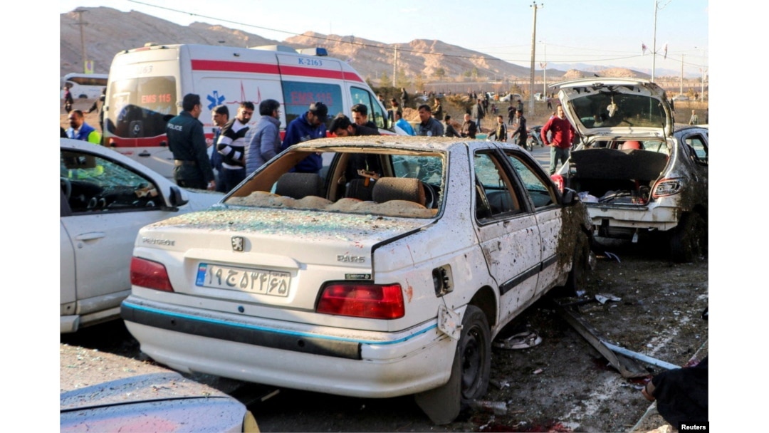 FILE - People gather at the scene of explosions during a ceremony held to mark the death of late Iranian General Qassem Soleimani, in Kerman, Iran, Jan. 3, 2024. (West Asia News Agency via Reuters)