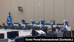 ARCHIVO - Los jueces de la Sala de Apelaciones de la Corte Penal Internacional participan en una audiencia sobre el caso Venezuela, el martes 7 de noviembre de 2023.