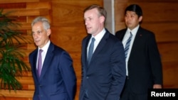 White House national security adviser Jake Sullivan is accompanied by U.S. Ambassador to Japan Rahm Emanuel as he leaves Japanese Prime Minister Fumio Kishida's office, in Tokyo, June 15, 2023.