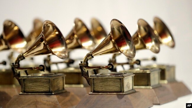 FILE - Grammy Awards are displayed at the Grammy Museum Experience at Prudential Center in Newark, NJ on Oct. 10, 2017.