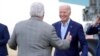 President Joe Biden greets former Rep. Bob Brady as he arrives at Philadelphia International Airport, March 8, 2024. The president and first lady Jill Biden were headed to Delaware County, Pa., for a campaign event.
