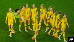 Sweden players react after Spain's Salma Paralluelo scored her side's first goal during the Women's World Cup semifinal soccer match between Sweden and Spain at Eden Park in Auckland, New Zealand, Aug. 15, 2023. 