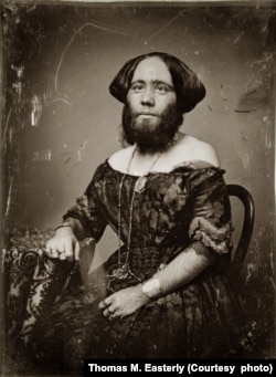Madame Josphine Clofullia, P.T. Barnum's "Bearded Lady of Geneva". Daguerreotype by Thomas M. Easterly, 1853. (Missouri History Museum)