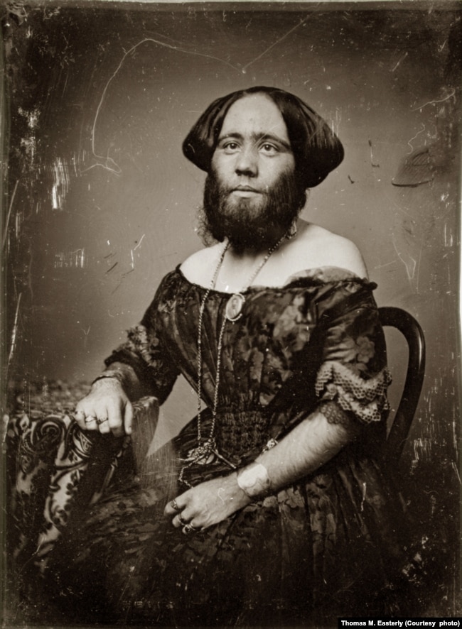 Madame Josphine Clofullia, P.T. Barnum's "Bearded Lady of Geneva". Daguerreotype by Thomas M. Easterly, 1853. (Missouri History Museum)