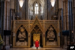 A general view inside Westminster Abbey in London, Wednesday, April 12, 2023, ahead of the King's coronation. (Dan Kitwood/Pool Photo via AP)