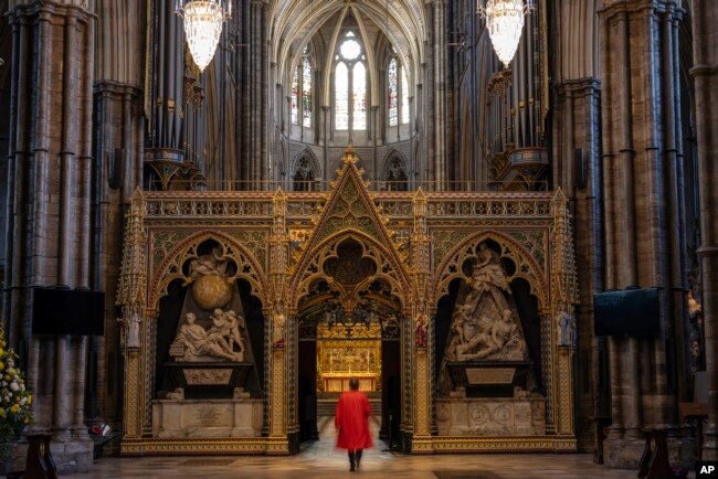 A general view inside Westminster Abbey in London, Wednesday, April 12, 2023, ahead of the King's coronation. (Dan Kitwood/Pool Photo via AP)