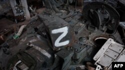 The Z letter, a tactical insignia of Russian troops in Ukraine, is seen on a captured Russian battle tank to be refurbished at a workshop in Ukraine's Kharkiv region, Feb. 20, 2023.