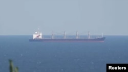 A screengrab from video taken Aug. 26, 2023, shows bulk carrier Primus near the coast line of Odesa, Ukraine.