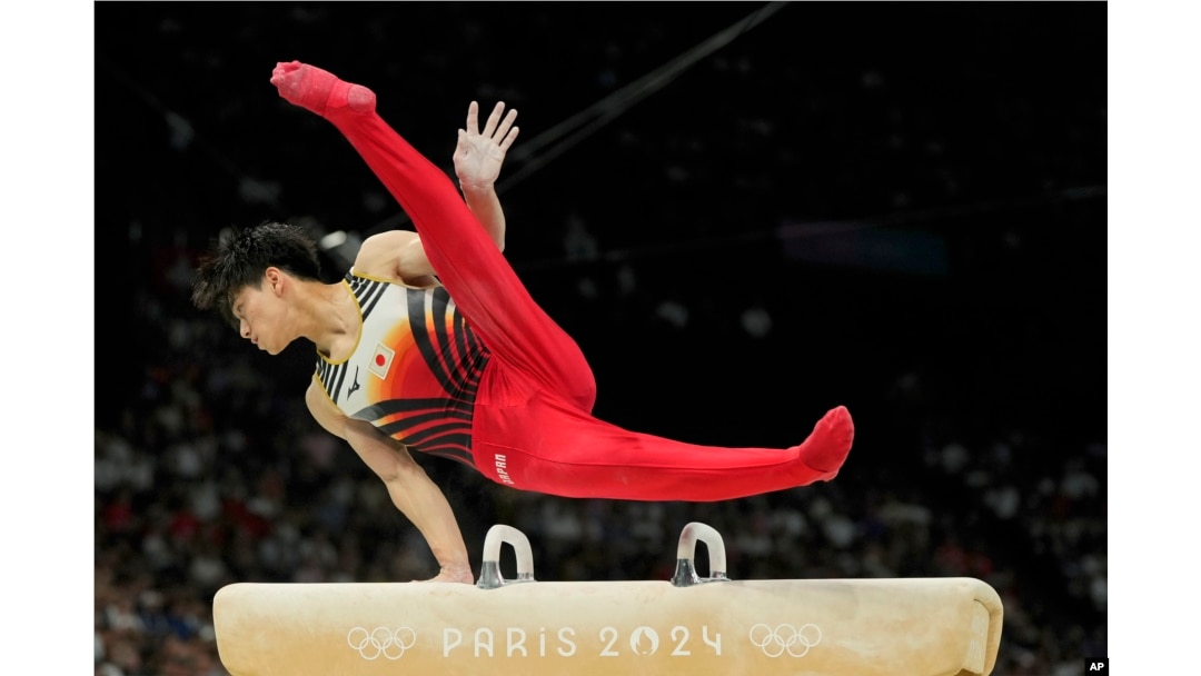 Japan's Daiki Hashimoto competes on the pommel horse during the men's artistic gymnastics team finals round at Bercy Arena at the 2024 Summer Olympics, July 29, 2024, in Paris.