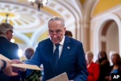 FILE - Senate Majority Leader Chuck Schumer, D-N.Y., hands papers to an aide as he talks with reporters at the Capitol in Washington, April 26, 2023.
