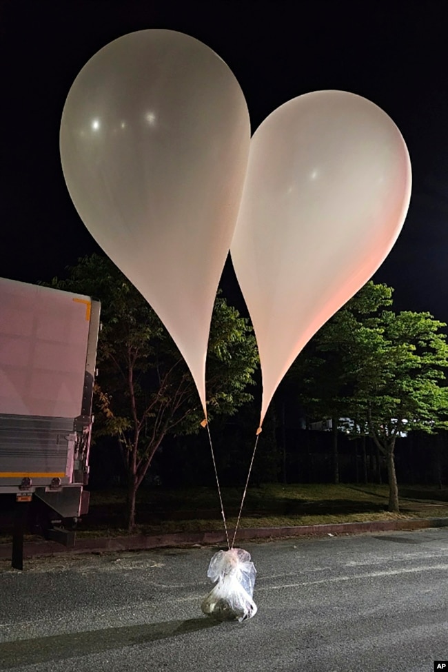 This photo provided by South Korea Defense Ministry, shows balloons with trash presumably sent by North Korea, in South Chungcheong Province, South Korea, Wednesday, May 29, 2024. (South Korea Presidential Office via AP) Keep aspect ratio