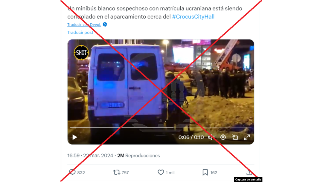 Captura de desinformación en X sobre tiroteo en Moscú.