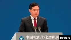 FILE - Chinese Foreign Minister Qin Gang attends the opening ceremony of the Lanting Forum in Shanghai, China, April 21, 2023. Qin, absent from public view for a month, was officially dismissed from his office this week.