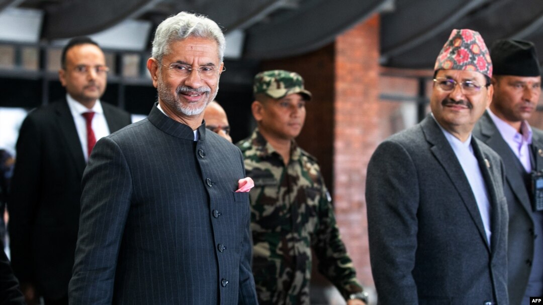 Nepal's Minister of Foreign Affairs Narayan Prakash Saud, right, welcomes his Indian counterpart Subrahmanyam Jaishankar as the latter arrives in Kathmandu, Nepal, on Jan. 4, 2024, for a meeting. Jaishankar will visit Iran this month.
