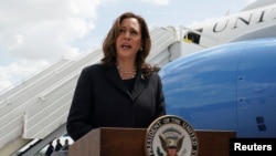 U.S. Vice President Kamala Harris speaks as she departs to return to Washington, at George Bush Intercontinental Airport in Houston, Texas, Aug. 1, 2024. 