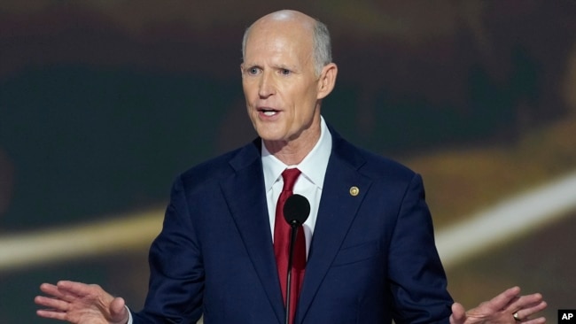 FILE - Senator Rick Scott speaks in Milwaukee, July 16, 2024.