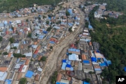 An aerial view shows the flood-devastated Nanxinfang village on the outskirts of Beijing, Aug. 4, 2023.