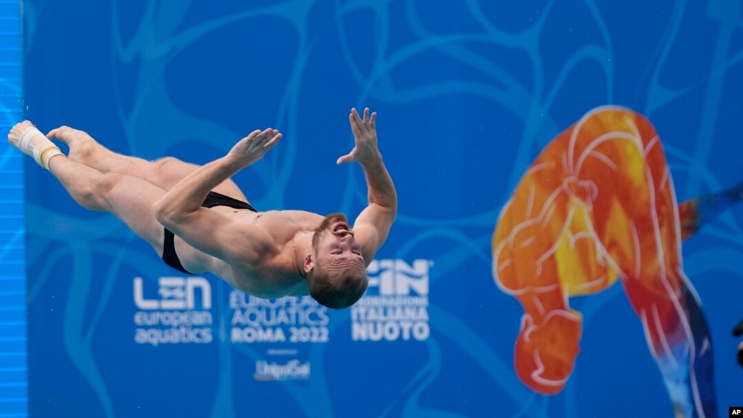FILE - Stanislav Oliferchyk of Ukraine competes during Men's diving 1m springboard final at the European swimming championships, in Rome, Aug. 18, 2022.