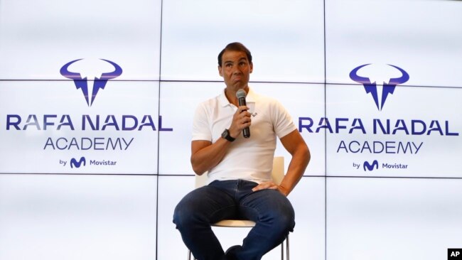 Spain's Rafael Nadal speaks during a press conference at his tennis academy in Manacor, Mallorca, Spain, Thursday May 18, 2023.