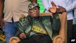 Former South African President Jacob Zuma greets supporters at Orlando stadium in the township of Soweto, Johannesburg, South Africa, for the launch of the manifesto of his newly formed uMkhonto weSizwe party, May 18, 2024.