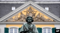 A statue of world famous composer Ludwig van Beethoven stands in the city center of his birthplace Bonn, Germany, March 21, 2023.