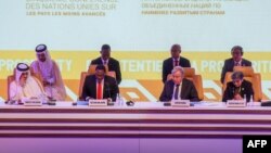 Deputy Prime Minister and Minister of Foreign Affairs of Qatar Mohammed bin Abdulrahman Al-Thani, Malawi President McCarthy Chakwera, UN Secretary-General Guterres, attend the Conference on the Least Developed Countries in Doha, March 4, 2023. 