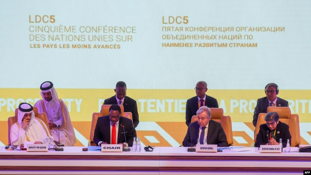 Deputy Prime Minister and Minister of Foreign Affairs of Qatar Mohammed bin Abdulrahman Al-Thani, Malawi President McCarthy Chakwera, UN Secretary-General Guterres, attend the Conference on the Least Developed Countries in Doha, March 4, 2023. 