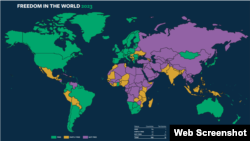 Зеленым цветом обозначены страны, признанные Freedom House свободными. Желтым – частично свободными, а фиолетовым – несвободными (Courtesy Photo: Freedom House)