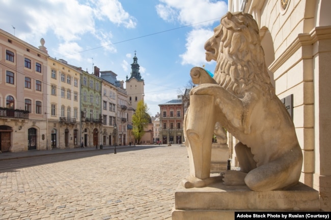 FILE - Sculpture of Lion near Lviv City Hall, Ukraine. April 17, 2020. (Adobe Stock Photo by Ruslan)