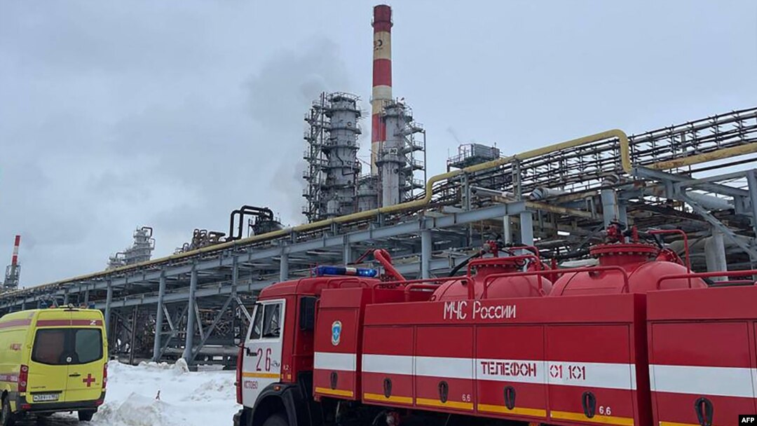 This handout photograph shows emergency vehicles at the spot of a fire on the grounds of a fuel and energy complex in the town of Kstovo, March 12, 2024. (Photo by Handout / TELEGRAM / @glebnikitin_nn / AFP) 