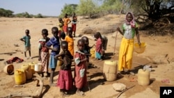 FILE - Children fetch water in a well dug amid a drought in Kinya village, Samburu county, Kenya, Oct. 13, 2022.