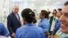 Britain's King Charles meets with staff members during a visit to the University College Hospital Macmillan Cancer Centre in London, Britain, April 30, 2024.