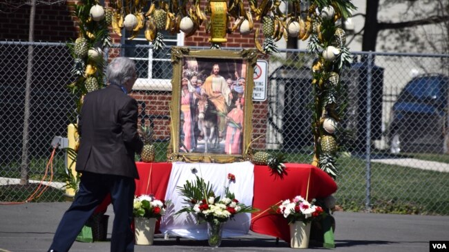 Un hombre observa un altar alusivo al Domingo de Ramos en el área de estacionamiento de un vecindario de Arlington, Virginia, el domingo 2 de abril, donde iniciaría una de las procesiones. [Foto: Tomás Guevara, VOA]