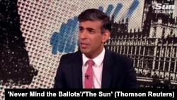 British Prime Minister Rishi Sunak speaks to political editor Harry Cole of The Sun newspaper in London, April 3, 2024. (Credit: 'Never Mind the Ballots'/'The Sun')
