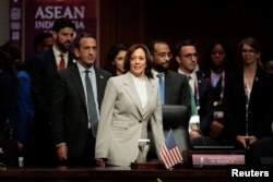 Wakil Presiden AS Kamala Harris menghadiri Konferensi ASEAN-AS ke-11. KTT pada KTT ASEAN ke-43 di Jakarta, 6 September 2023. (Yasuyoshi Chiba/Pool via Reuters)