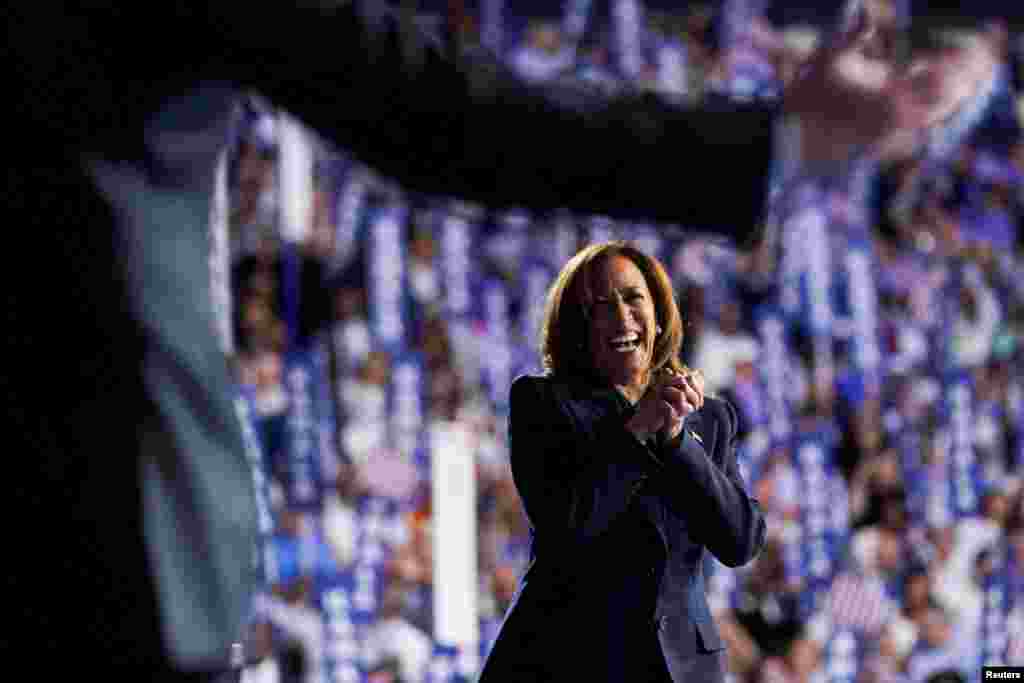 Democratic presidential nominee and U.S. Vice President Kamala Harris reacts at the Democratic National Convention (DNC) at the United Center in Chicago, Illinois, Aug. 22, 2024.