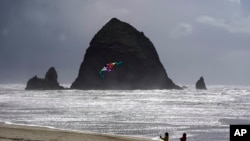 FILE - Beachgoers fly a kite by Haystack Rock in the Pacific Ocean off the Oregon Coast, April 4, 2022. On Saturday, which has been designated World Oceans Day, groups will try to raise awareness about what the oceans do for the Earth and what humans are doing to the oceans. 