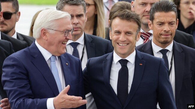 Presidenti francez Emmanuel Macron dhe Presidenti gjerman Frank-Walter Steinmeier në Festivalin e Demokracisë, Berlin, 26 maj, 2024.