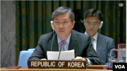 김상진 유엔 주재 한국 차석대사가 11일 유엔 안전보장이사회 회의에서 발언하고 있다.