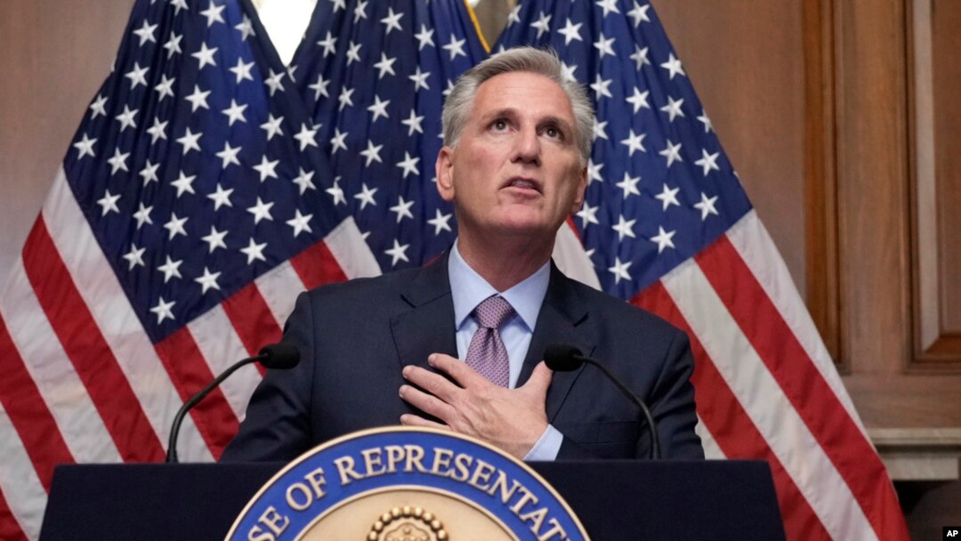 FILE - Rep. Kevin McCarthy, R-Calif., speaks to reporters hours after he was ousted as Speaker of the House, Oct. 3, 2023, at the Capitol in Washington.